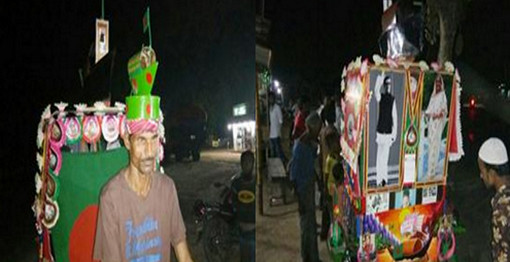 লাল সবুজের পতাকা সিটে বসিয়ে নৌকারিক্সায় দেশ ঘুরছে শাহীন