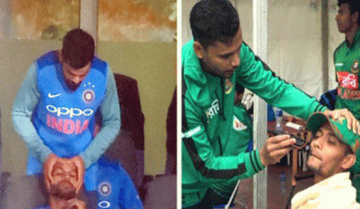 মাশরাফি ও ধোনি যখন নাপিতের কাজ করছেন!